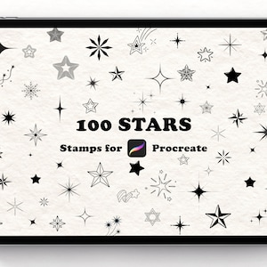 May include: A digital tablet screen displaying a collection of 100 star-shaped stamps for Procreate. The stamps are black and white and include various styles, such as simple stars, twinkling stars, and shooting stars. The text "100 STARS" and "Stamps for Procreate" is displayed on the screen.
