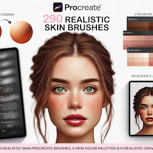 Op de afbeelding: Digitaal kunstproduct voor Procreate met 290 realistische huidpenselen, 6 huidskleurpaletten en 10 realistische canvasdoeken. De afbeelding toont een digitale illustratie van een vrouw met groene ogen en verschillende huidtinten.