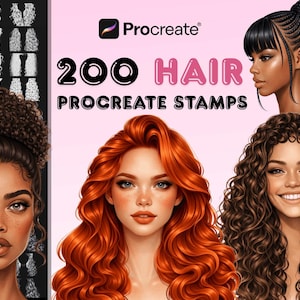 Könnte beinhalten: Digitales Kunstprodukt für Procreate mit 200 Haarstempeln. Das Bild zeigt verschiedene Frisuren, darunter lockige, wellige und geflochtene Stile, zusammen mit dem Procreate-Logo und dem Produkttitel.