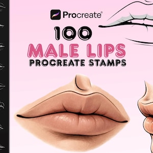 Peut inclure: Produit d'art numérique avec 100 tampons Procreate de lèvres masculines. L'image présente diverses illustrations de lèvres en art linéaire et en couleur, avec le texte "100 MALE LIPS PROCREATE STAMPS" en rose et noir.