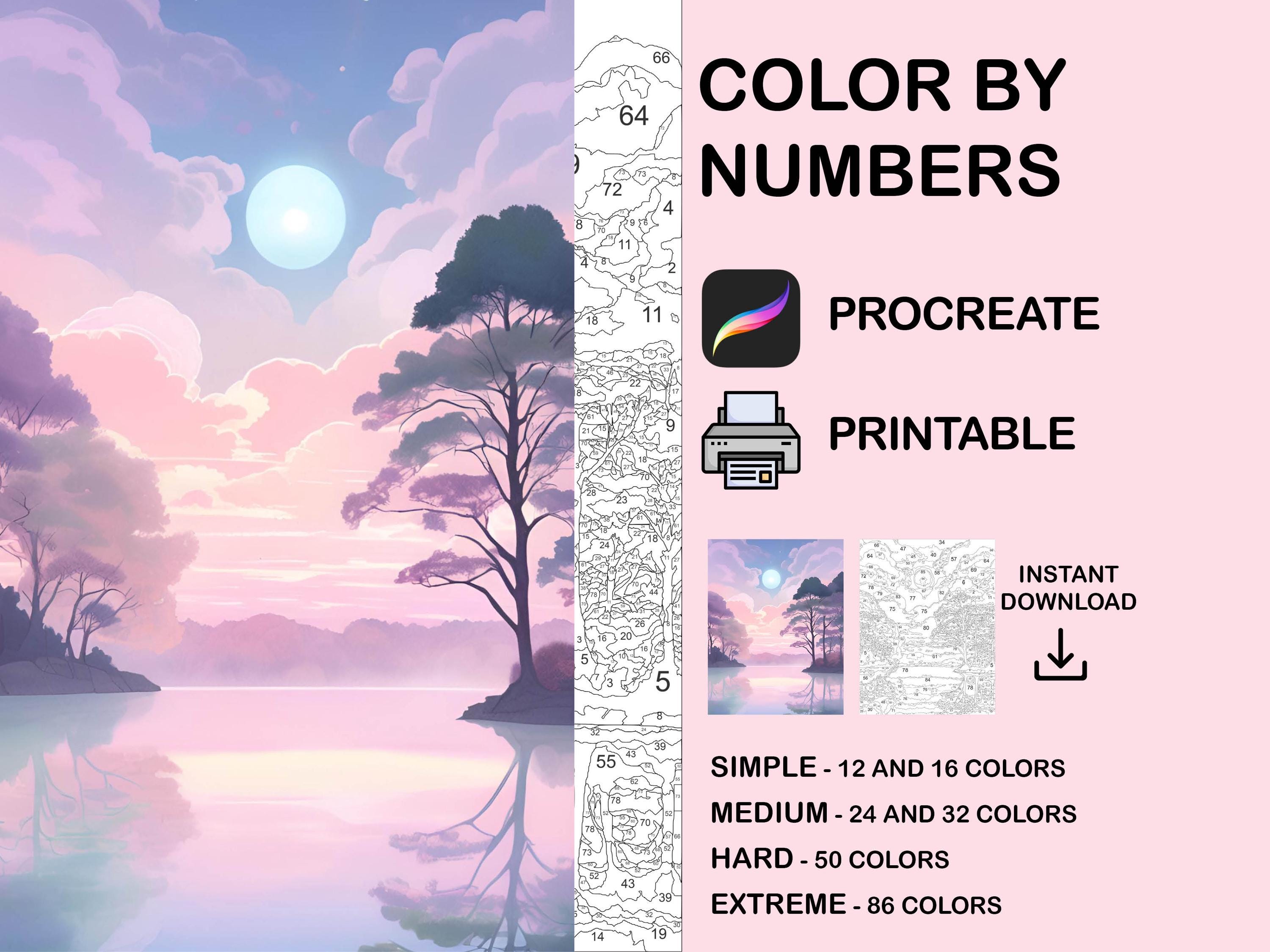 Páginas de colorear digitales por números del lago para adultos | Kawaii Cottage y floral para Procreate