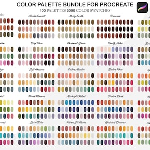 May include: A digital colour palette bundle for Procreate, featuring 100 palettes and 3000 colour swatches. The image showcases diverse colour schemes, such as "Misty Garden," "Mocha Sunset," and "Brownie," with a variety of hues and shades.