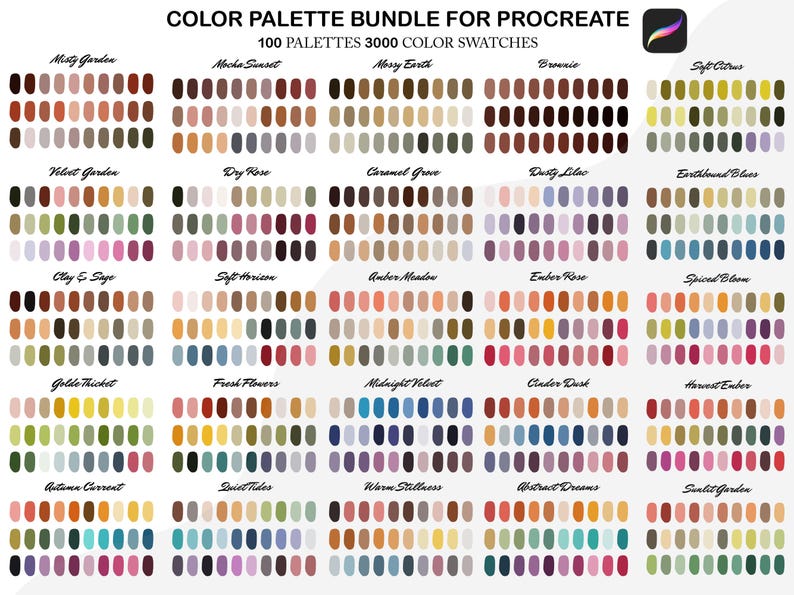 May include: A digital colour palette bundle for Procreate, featuring 100 palettes and 3000 colour swatches. The image showcases diverse colour schemes, such as "Misty Garden," "Mocha Sunset," and "Brownie," with a variety of hues and shades.