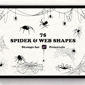 Pode incluir: Ilustração digital em uma tela de tablet com 75 formas de aranhas e teias de aranha. Os desenhos em preto e branco incluem várias silhuetas de aranhas e teias de aranha, com o texto "Stamps for Procreate".