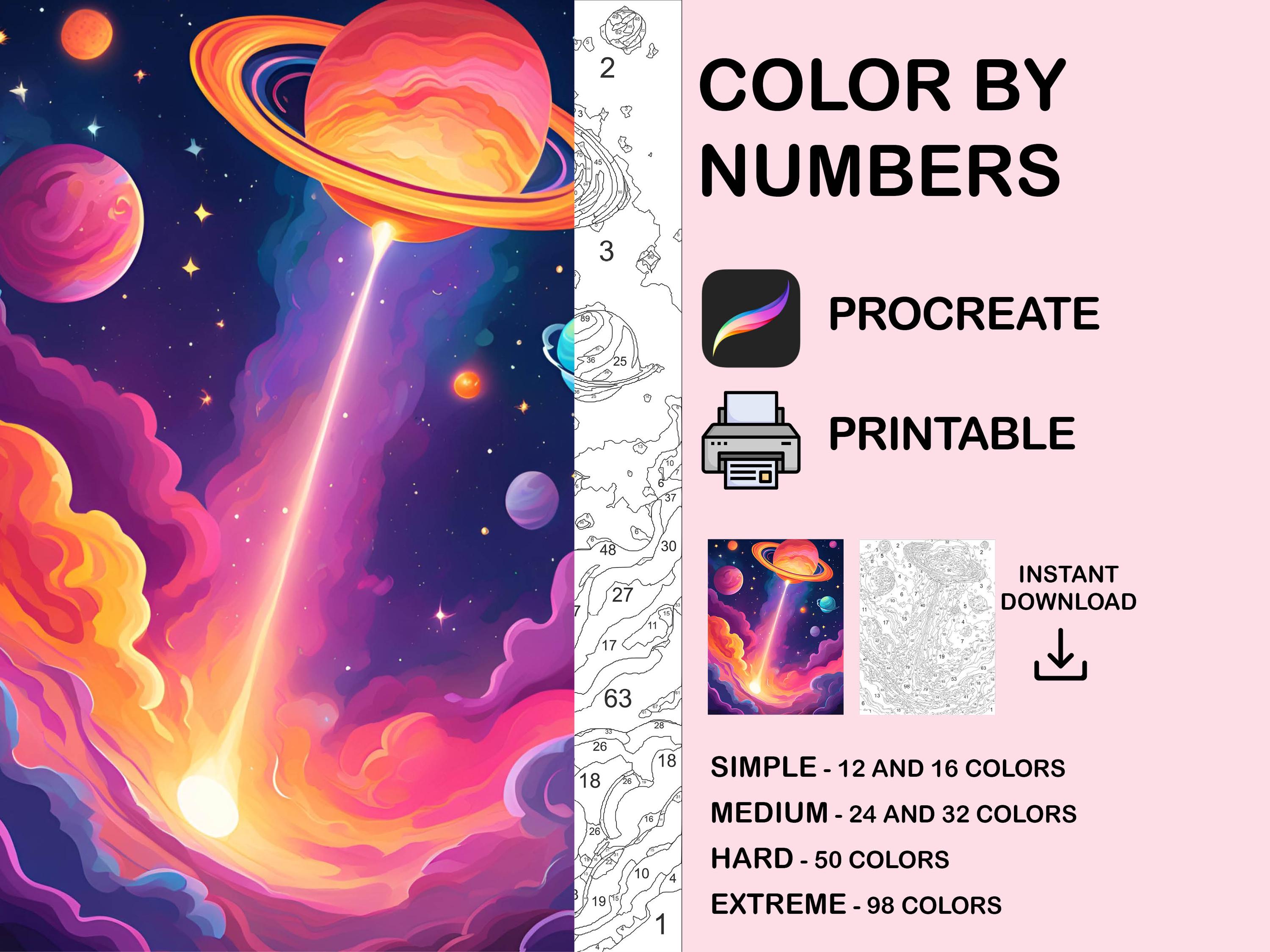 Space Color by Number Digital Coloring Pages for Procreate & Print—Planets for Kids & Adults