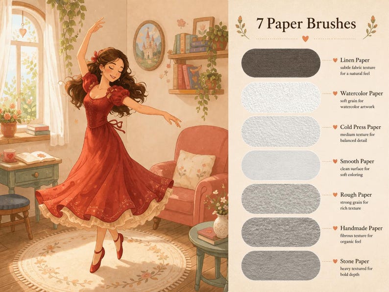 Może przedstawiać: Cyfrowy zestaw ilustracji zatytułowany 7 Paper Brushes przedstawiający tańczącą postać w czerwonej sukience oraz siedem poziomych pr&oacute;bek oznaczonych jako Linen, Watercolor, Cold Press, Smooth, Rough, Handmade i Stone paper wraz z opisem.
