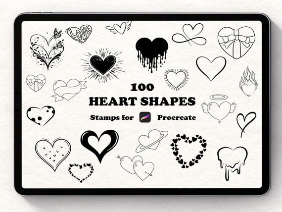 100 Hand-Drawn Heart Stamps, Procreate Brush Set (Digital Download)