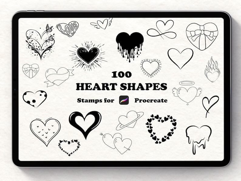 100 Hand-Drawn Heart Stamps, Procreate Brush Set (Digital Download) image 1