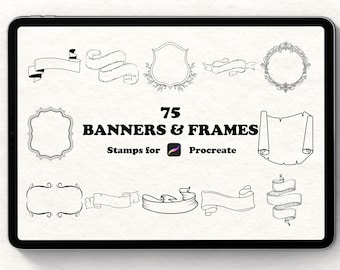Banner Rahmen Procreate Briefmarken, Vintage Schriftrollen, Bänder (75 Pinsel Set)