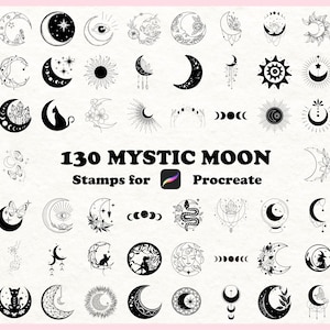 May include: A selection of 130 Mystic Moon stamps for Procreate, showcasing celestial designs in black and white. The illustrations include crescent moons, stars, suns, cats, and floral elements, ideal for digital art projects.