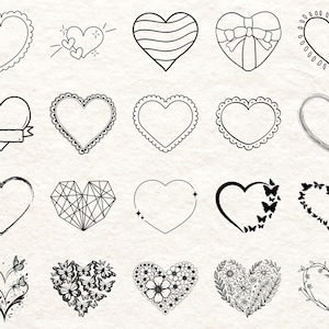 May include: A collection of hand-drawn heart illustrations in various styles. Designs include hearts with scalloped edges, ribbons, geometric patterns, butterflies, and floral arrangements. All hearts are outlined in black.