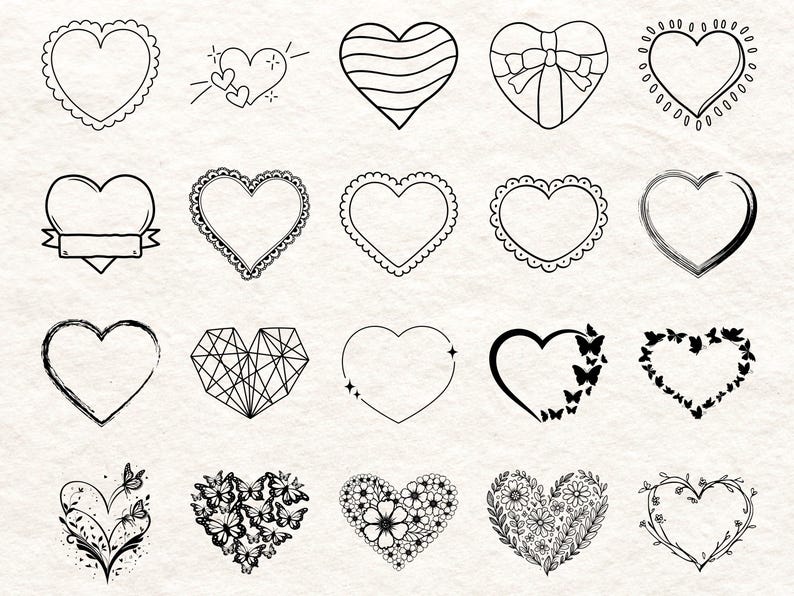 May include: A collection of hand-drawn heart illustrations in various styles. Designs include hearts with scalloped edges, ribbons, geometric patterns, butterflies, and floral arrangements. All hearts are outlined in black.