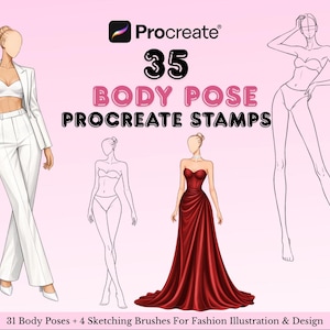 Könnte beinhalten: Digitale Procreate-Stempel für Modeillustrationen mit 35 Körperposen und Skizzenpinseln. Enthält eine Frau in einem weißen Anzug, ein rotes Kleid und mehrere Strichzeichnungen von Figuren. Der Text lautet "BODY POSE PROCREATE STAMPS".