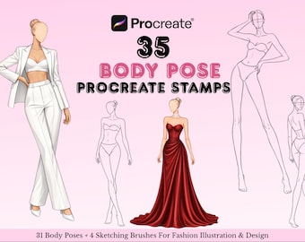 Mode Körper Pose Procreate Briefmarken | 31 Figuren Posen + 4 Skizzier Pinsel für die Mode-Illustration