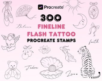 300 tampons Procreate pour tatouages éphémères | Ensemble de pinceaux pour tatouages fins | Motifs de tatouage minimalistes | Art minimaliste | Kit de tampons pour tatouages