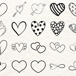 May include: A collection of hand-drawn heart illustrations in various styles. Designs include solid hearts, hearts with arrows, dotted patterns, striped patterns, and hearts with wings. The hearts are in black on a cream background.