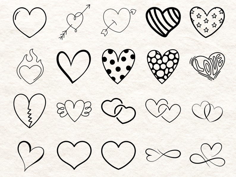 May include: A collection of hand-drawn heart illustrations in various styles. Designs include solid hearts, hearts with arrows, dotted patterns, striped patterns, and hearts with wings. The hearts are in black on a cream background.