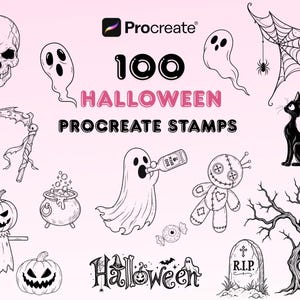Może przedstawiać: Cyfrowa kolekcja 100 stempli Halloween do programu Procreate, zawierająca czarne ilustracje liniowe przedstawiające czaszkę, duchy, pajęczynę, kosę, czarnego kota, dynię, kociołek, lalkę voodoo, nagrobek oraz bezlistne drzewo.