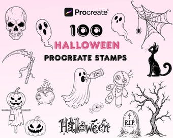 100 Halloween Procreate Stamps, Spooky Tattoo Brushes, Ghost Pumpkin Skull Stamp Set