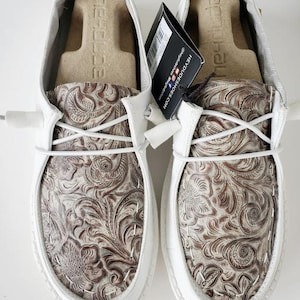 Custom brow/tan white floral embossed REAL Leather Hey Dude Shoes Hand customized Free Shipping