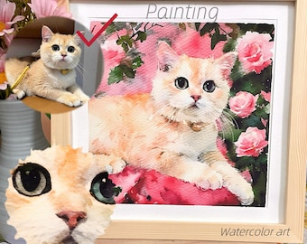 Custom Watercolor Pet Portrait, Cat Portrait from Photos, Personalized Hand Drawn Painting, Pet Painting, Christmas Gift, Pet memorial, Cat
