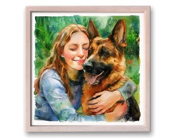 Könnte beinhalten: Aquarellmalerei in einem hellen Holzrahmen, die eine Person zeigt, die einen Deutschen Schäferhund umarmt. Der Hintergrund ist grün und weiß. Die Person hat rotes Haar und trägt ein blaues Hemd. Der Hund hat braunes und schwarzes Fell.