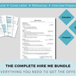 El paquete completo Hire Me: plantillas de currículum, carta de presentación y referencias + preguntas y respuestas del currículum + hoja de preparación para la entrevista