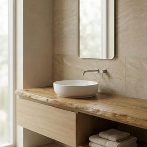 Peut inclure: Un meuble de salle de bain moderne avec un lavabo ovale blanc et un robinet en métal brossé. Le meuble est en bois clair avec un bord naturel. Un miroir rectangulaire est suspendu au-dessus du lavabo. Des serviettes beiges sont empilées sur une étagère.