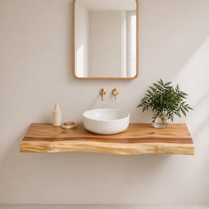 Peut inclure: Aménagement de salle de bain moderne avec un miroir rectangulaire encadré de bois, une robinetterie en laiton et un lavabo en céramique blanche. Une étagère en bois à bord brut supporte le lavabo, un distributeur de savon et un porte-savon.