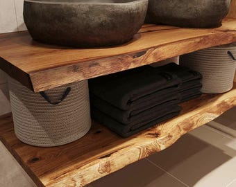 Mensola in legno di castagno con bordo naturale / Piano lavabo in legno massello europeo, finitura resistente all'acqua