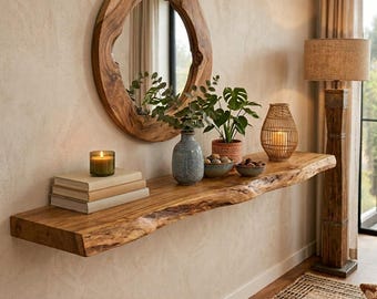 Estante Flotante de Acacia Maciza con Borde Natural, Estantería de Pared Artesanal en Madera Real, Hecho a Medida, Estilo Rústico