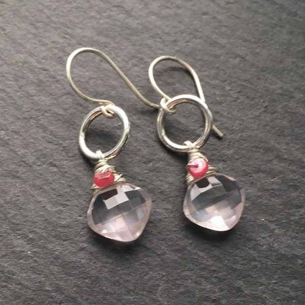 Rose Quartz, Ruby, Sterling Silver Circle Dangle earrings, Pink, Red, Wire Wrapped, Romantic, Valentines Day