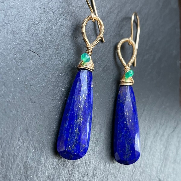 Stunning Lapis Lazuli, Green Onyx, and Gold Filled Earrings. Girls Night, Date Night