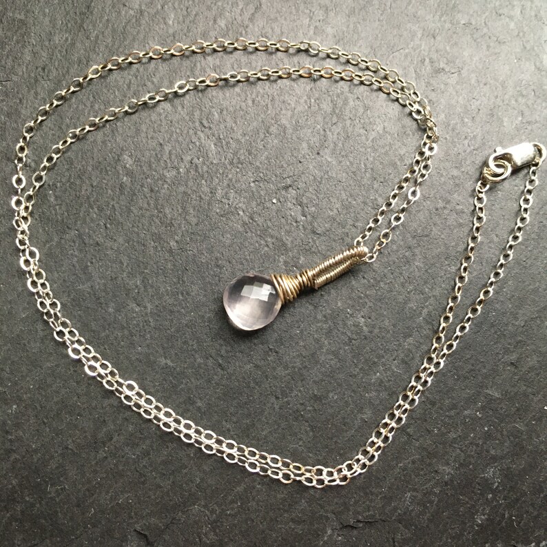 Pink Micro Faceted Wire Wrapped Pale Rose Quartz and Sterling Silver Necklace 18 Inches