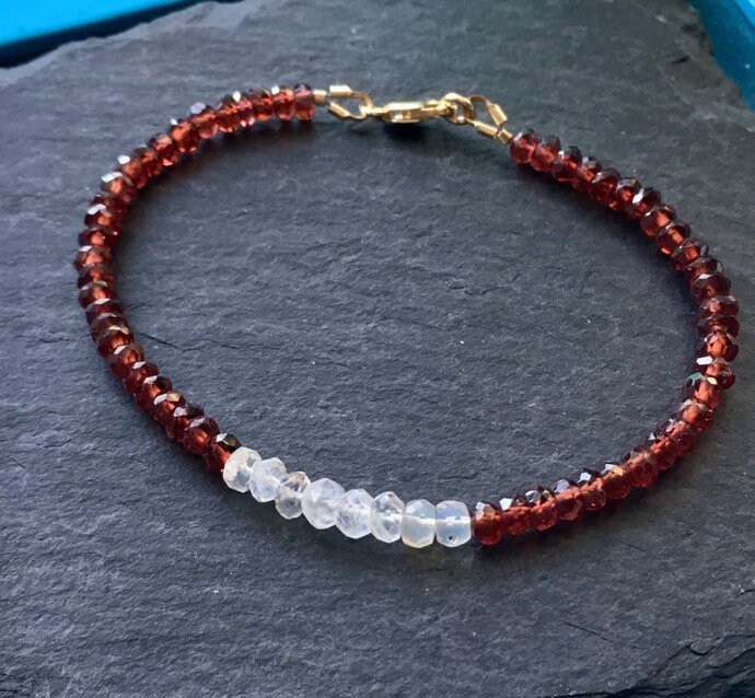 Garnet Rainbow Moonstone 14k Gold Filled Bracelet, Red, White, Minimal ...
