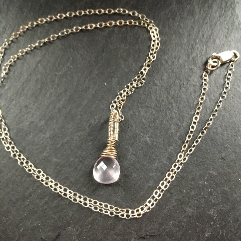 Pink Micro Faceted Wire Wrapped Pale Rose Quartz and Sterling Silver Necklace 18 Inches