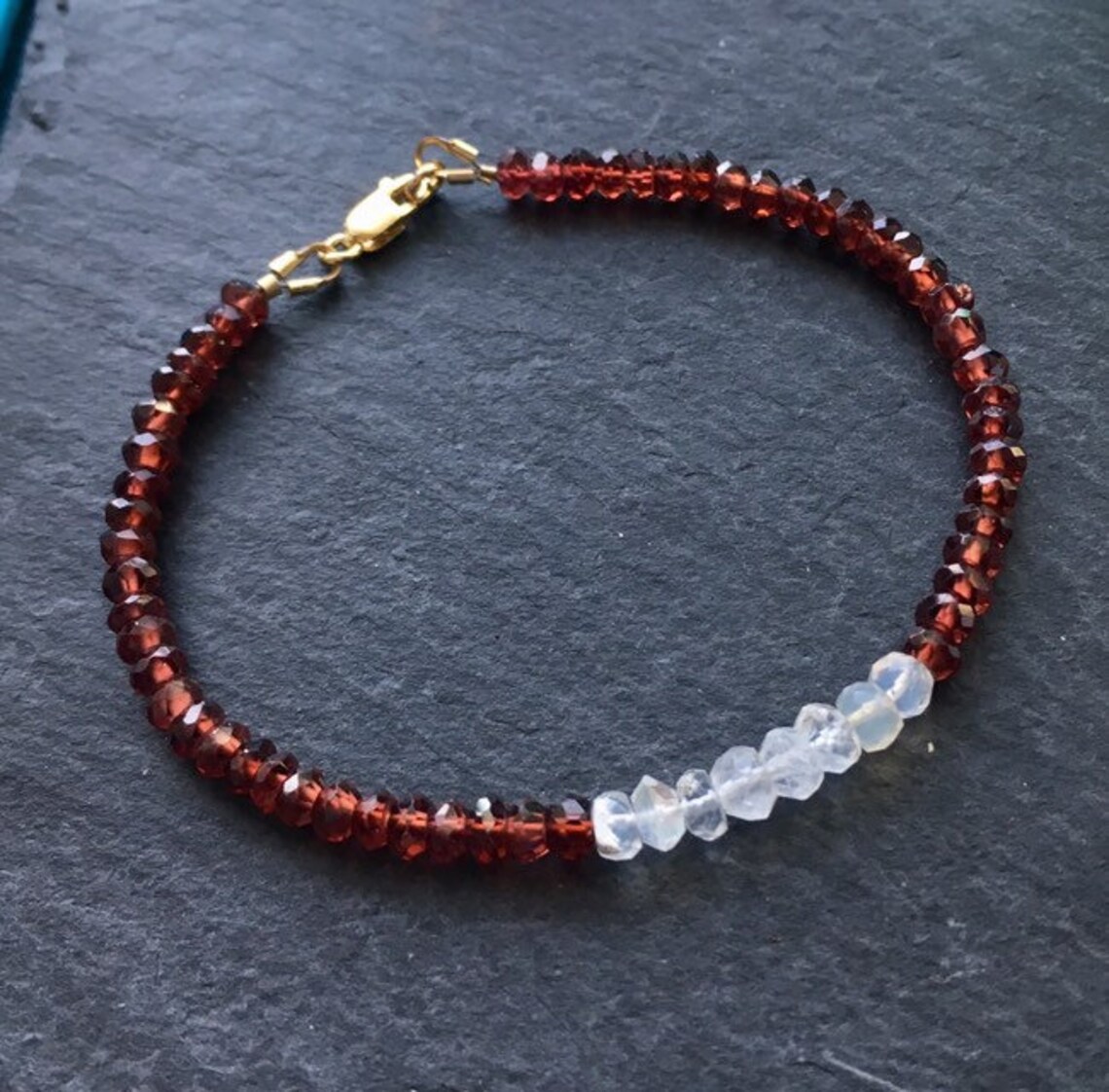 Garnet Rainbow Moonstone 14k Gold Filled Bracelet, Red, White, Minimal ...