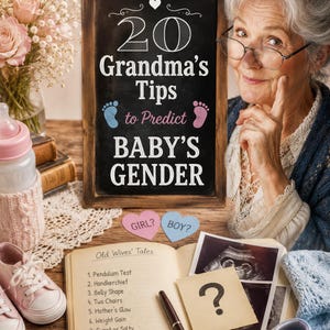 Peut inclure: Un tableau noir rectangulaire avec un cadre en bois affiche le texte 20 Grandma's Tips to Predict BABY'S GENDER, avec un petit cœur, une empreinte bleue et une rose. En dessous, un livre ouvert liste des Old Wives' Tales, accompagné d'une note avec un point d'interrogation, de chaussures de bébé, d'un biberon et d'images d'échographie.