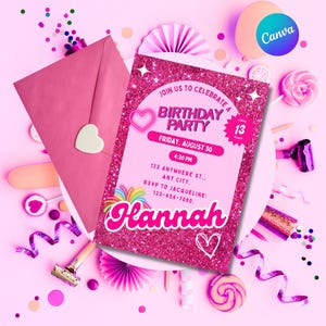 Pink Glitter Birthday Invitation | Girl Party Invite | Editable Canva Template | Digital & Printable | Instant Download