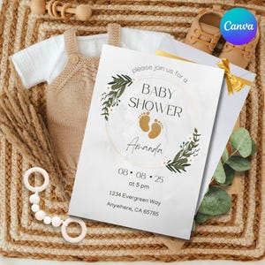 Plantilla de descarga digital editable de invitación para baby shower en color verde salvia. Tarjeta imprimible con diseño minimalista.
