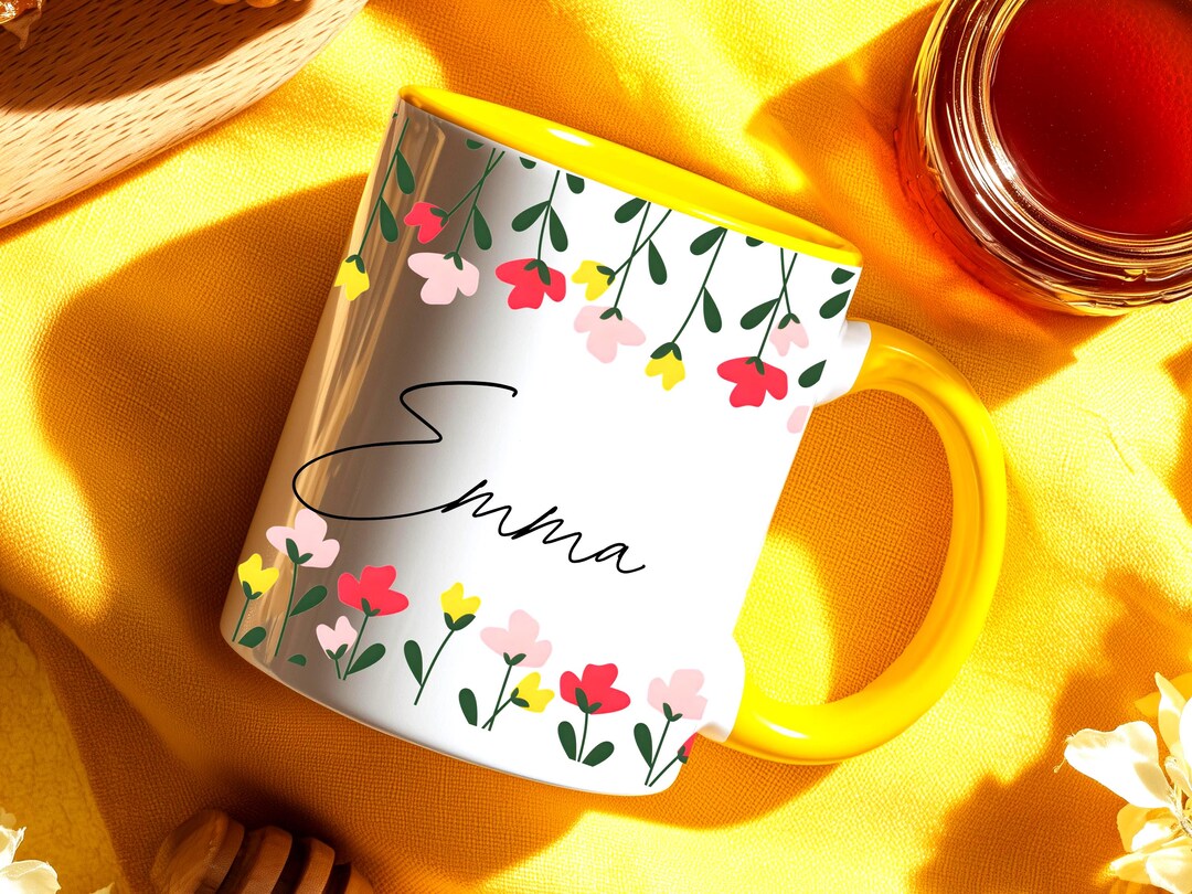 Personalized Floral Mug, Custom Name Mug, Spring Flower Coffee Cup ...