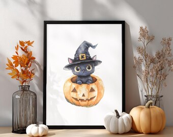 Leuke Halloween Black Cat Pumpkin Wall Art, zwarte kat herfstkunstwerk, pompoenprint herfstdecor, Halloween-aquarel, herfstkunst aan de muur