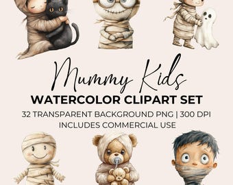 Watercolor Halloween Mummy Clipart, Cartoon Mummy Clipart, Cute Creepy Halloween PNG, Cute Spooky Pumpkin Sublimation, Cute Mummy Clipart