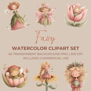 Watercolor Fairy Clipart Bundle, Enchanted Forest Clip Art Set, Garden Fairy Core Clipart, Watercolor Fairy PNG Bundle, Whimsical Fairy Art