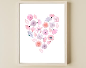 Watercolor Floral Heart Print, Girls Floral Nursery Art Print, Flower Heart Nursery Printable Art, Nursery Heart Print Girls Room, Heart Art