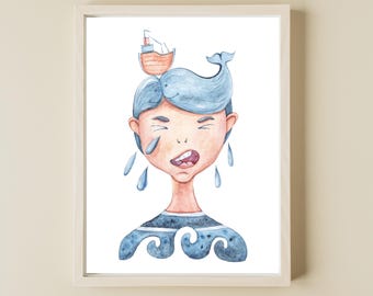 Kids Coastal Nursery Wall Art, Cute Whale Art For Kids Room, Sea Themed Wall Print, Blue Kids Nursery Nautical Decor, Kids Whale Art