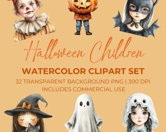 Halloween Children Festive Clipart, Watercolor Halloween Clipart, Spooky Cute Clipart, Halloween Illustrations, Cute Halloween PNG, Pumpkin
