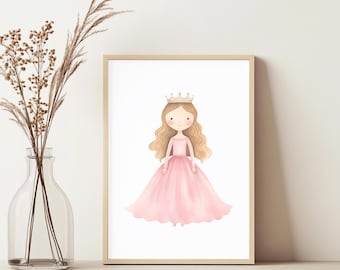 Arte de parede de berçário de princesa aquarela, arte de berçário com tema de princesa para meninas, arte de parede de princesa para quarto de meninas, decoração de berçário de princesa rosa