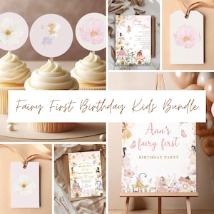 Fairy First Kids Birthday Bundle, Fairy First Birthday Invitation, Magic Garden Fairy Birthday Party Bundle, Fairy First Birthday Decoration
