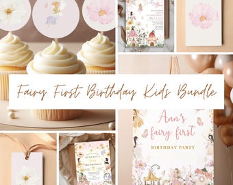 Fairy First Kids Birthday Bundle, Fairy First Birthday Invitation, Magic Garden Fairy Birthday Party Bundle, Fairy First Birthday Decoration